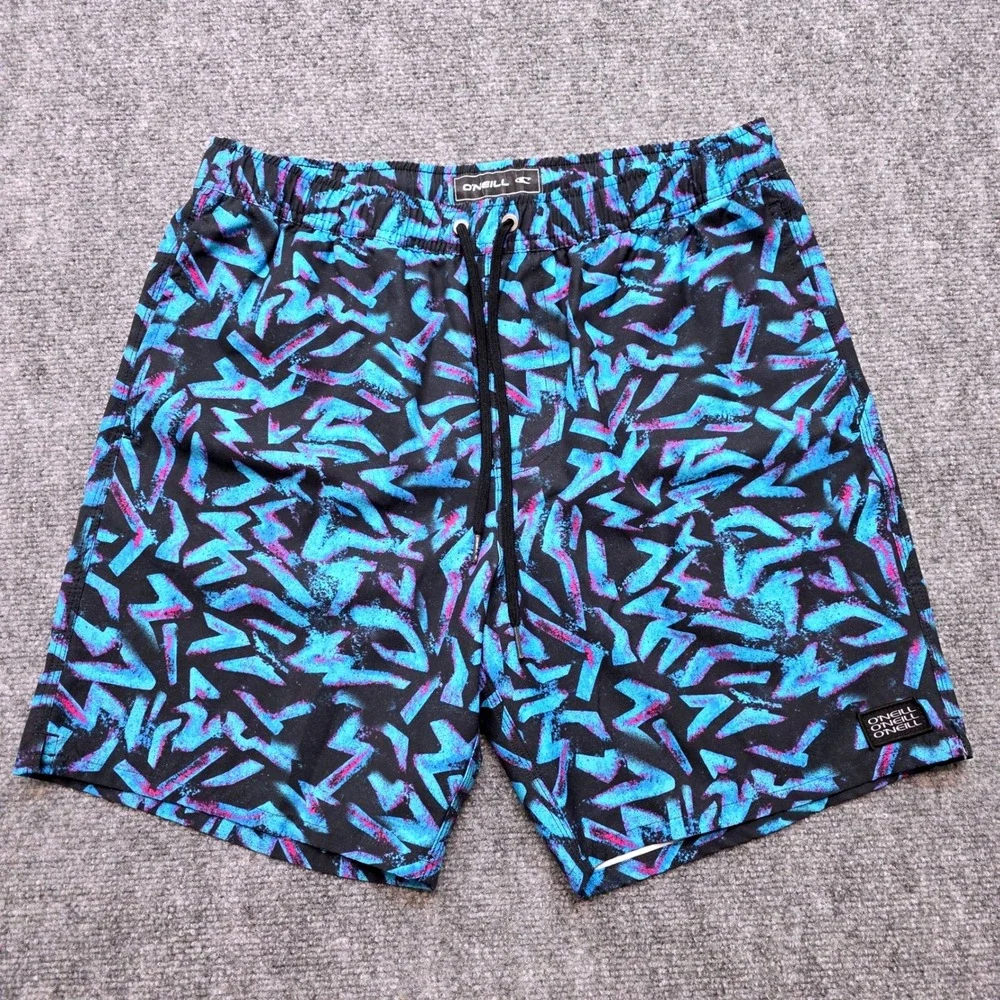 ONeill Men's Medium Blue Black Geometric Lightning Bolt Swim Trunks Board Shorts